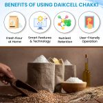 daikcell Fully Automatic Domestic Flour Mill Machine - 2HP Copper Motor Atta Chakki, 14-16 Kg/Hr Capacity, Stainless Steel Hopper, Low Voltage (170V) Multi-Grain Grinding - 5 Year Motor Replacement Warranty