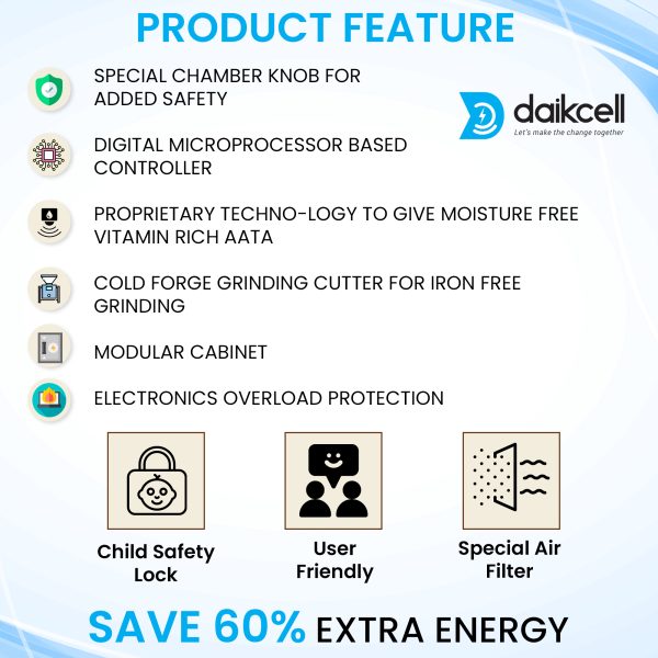 daikcell Fully Automatic Domestic Flour Mill Machine - 2HP Copper Motor Atta Chakki, 14-16 Kg/Hr Capacity, Stainless Steel Hopper, Low Voltage (170V) Multi-Grain Grinding - 5 Year Motor Replacement Warranty