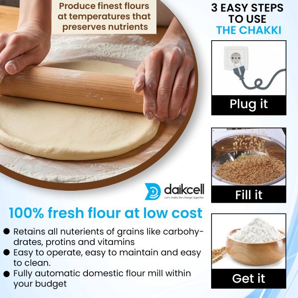 daikcell Fully Automatic Domestic Flour Mill Machine - 2HP Copper Motor Atta Chakki, 14-16 Kg/Hr Capacity, Stainless Steel Hopper, Low Voltage (170V) Multi-Grain Grinding - 5 Year Motor Replacement Warranty